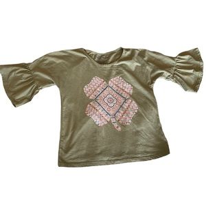 Lucky Brand Top Bell Sleeves Sz Large Youth Girl’s Sage Green Clover Sign Floral